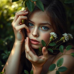 A sensual and artistic representation of a girl interacting playfully with nature in a suggestive but tasteful manner, focusing on the themes of exploration and tenderness