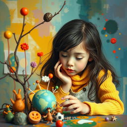 An abstract and surreal representation of a girl exploring themes of fantasy and creativity