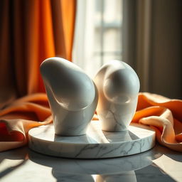 A beautifully lit, artistic still-life composition featuring a pair of elegant sculptures of human breasts made of smooth marble