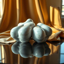 A beautifully lit, artistic still-life composition featuring a pair of elegant sculptures of human breasts made of smooth marble