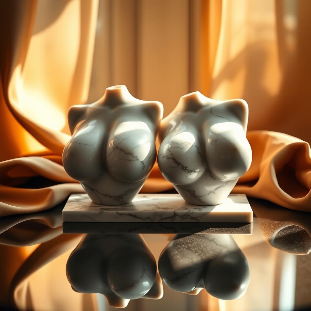 A beautifully lit, artistic still-life composition featuring a pair of elegant sculptures of human breasts made of smooth marble