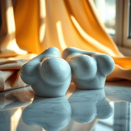 A beautifully lit, artistic still-life composition featuring a pair of elegant sculptures of human breasts made of smooth marble