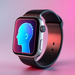 A captivating smart watch displaying a unique digital interface that features a stylized head, showcasing a gradient color scheme transitioning beautifully from blue to pink