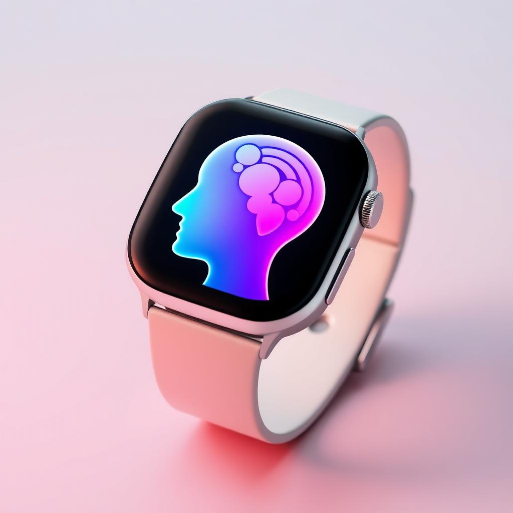 A captivating smart watch displaying a unique digital interface that features a stylized head, showcasing a gradient color scheme transitioning beautifully from blue to pink