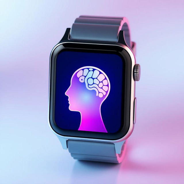 A captivating smart watch displaying a unique digital interface that features a stylized head, showcasing a gradient color scheme transitioning beautifully from blue to pink