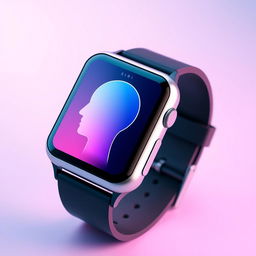 A captivating smart watch displaying a unique digital interface that features a stylized head, showcasing a gradient color scheme transitioning beautifully from blue to pink