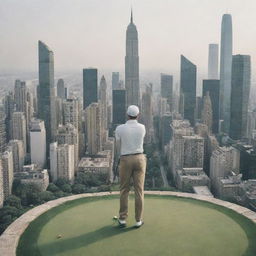 A golf player in the middle of a bustling city. Dressed in traditional golf attire, he's preparing to tee off atop a skyscraper, with the city's concrete jungle serving as his unconventional golf course.