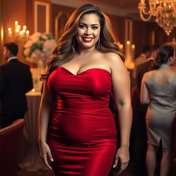 A voluptuous woman with big breasts, wearing a stylish red dress that accentuates her curves