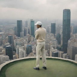 A golf player in the middle of a bustling city. Dressed in traditional golf attire, he's preparing to tee off atop a skyscraper, with the city's concrete jungle serving as his unconventional golf course.