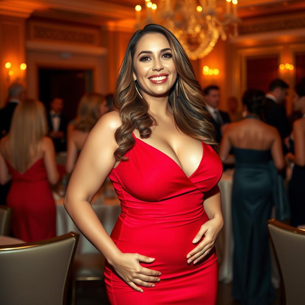 A voluptuous woman with big breasts, wearing a stylish red dress that accentuates her curves