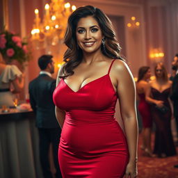 A voluptuous woman with big breasts, wearing a stylish red dress that accentuates her curves