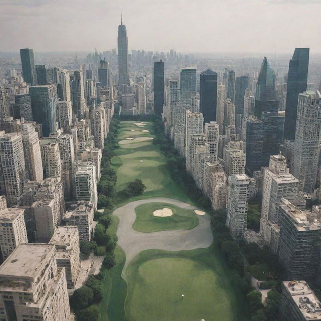 A golf player in the middle of a bustling city. Dressed in traditional golf attire, he's preparing to tee off atop a skyscraper, with the city's concrete jungle serving as his unconventional golf course.