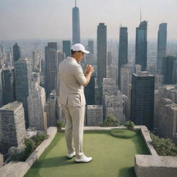 A golf player in the middle of a bustling city. Dressed in traditional golf attire, he's preparing to tee off atop a skyscraper, with the city's concrete jungle serving as his unconventional golf course.