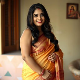 A hot, curvy South Indian woman with fair skin, featuring a long single hairstyle
