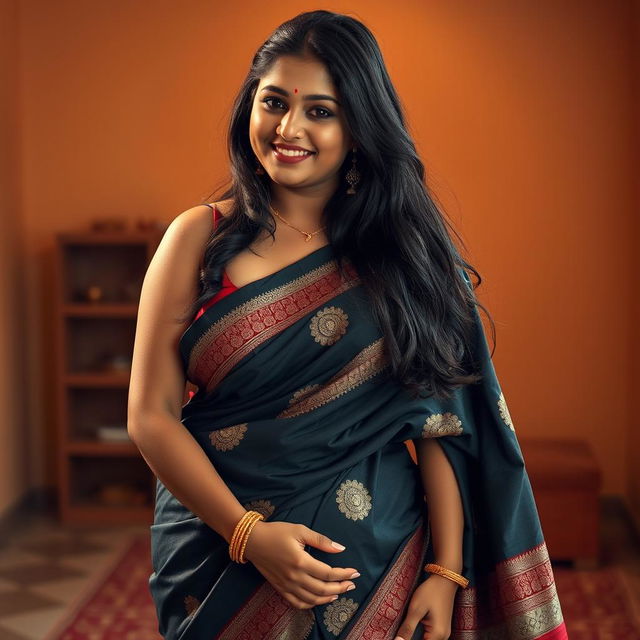 A hot, curvy South Indian woman with fair skin, featuring a long single hairstyle