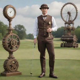 Steampunk golfer in a stylish Victorian-era outfit paired with mechanical accessories. He's wielding a uniquely crafted club embedded with gears and clockworks. The scene is set in an industrial golf course with brass tee markers and cogwheel obstacles.