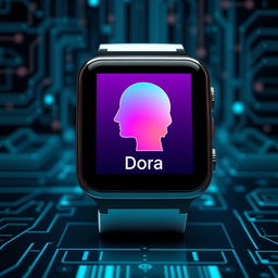 A visually engaging square-shaped smart watch branded with the name 'Dora'