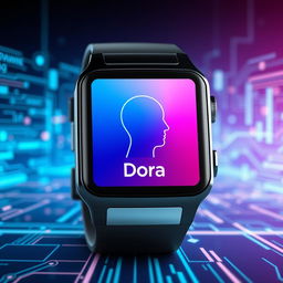 A visually engaging square-shaped smart watch branded with the name 'Dora'