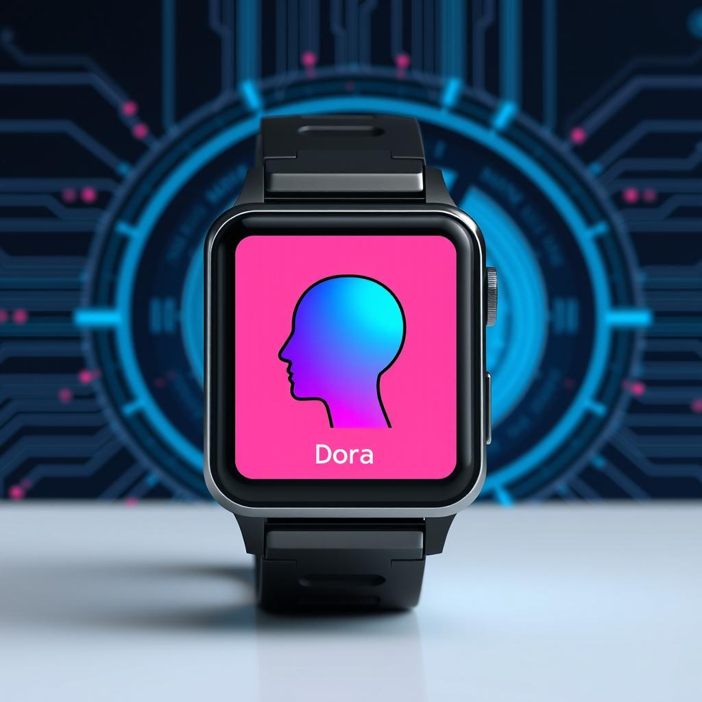 A visually engaging square-shaped smart watch branded with the name 'Dora'