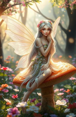 A stunning ethereal fairy with delicate wings, sitting gracefully on a wide, enchanting mushroom in a lush forest filled with colorful flowers and sparkling light