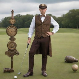 Steampunk golfer in a stylish Victorian-era outfit paired with mechanical accessories. He's wielding a uniquely crafted club embedded with gears and clockworks. The scene is set in an industrial golf course with brass tee markers and cogwheel obstacles.