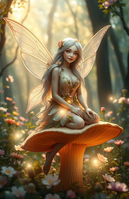 A stunning ethereal fairy with delicate wings, sitting gracefully on a wide, enchanting mushroom in a lush forest filled with colorful flowers and sparkling light