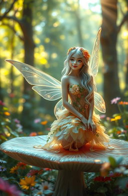 A stunning ethereal fairy with delicate wings, sitting gracefully on a wide, enchanting mushroom in a lush forest filled with colorful flowers and sparkling light