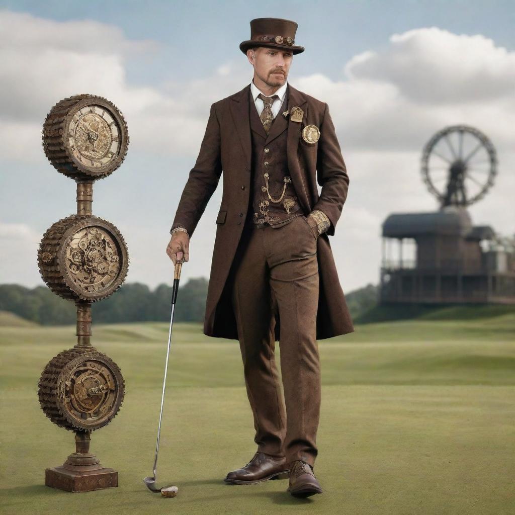 Steampunk golfer in a stylish Victorian-era outfit paired with mechanical accessories. He's wielding a uniquely crafted club embedded with gears and clockworks. The scene is set in an industrial golf course with brass tee markers and cogwheel obstacles.