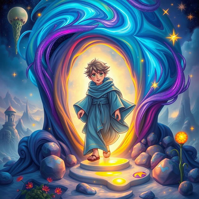 A mystical character, dressed in enchanting, flowing robes, stepping through a colorful magical portal that swirls with vibrant hues of blue, purple, and gold