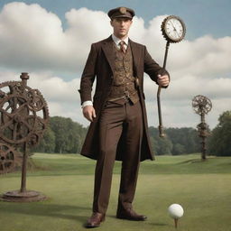 Steampunk golfer in a stylish Victorian-era outfit paired with mechanical accessories. He's wielding a uniquely crafted club embedded with gears and clockworks. The scene is set in an industrial golf course with brass tee markers and cogwheel obstacles.