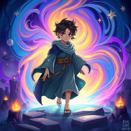 A mystical character, dressed in enchanting, flowing robes, stepping through a colorful magical portal that swirls with vibrant hues of blue, purple, and gold