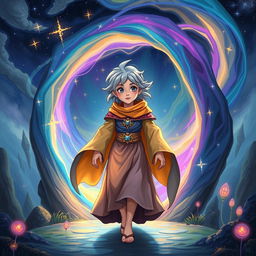 A mystical character, dressed in enchanting, flowing robes, stepping through a colorful magical portal that swirls with vibrant hues of blue, purple, and gold