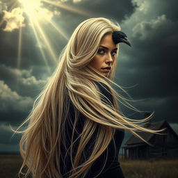 A compelling scene featuring a mysterious woman standing with her back to us, her long, ethereal golden-white hair flowing in the wind