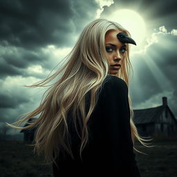 A compelling scene featuring a mysterious woman standing with her back to us, her long, ethereal golden-white hair flowing in the wind