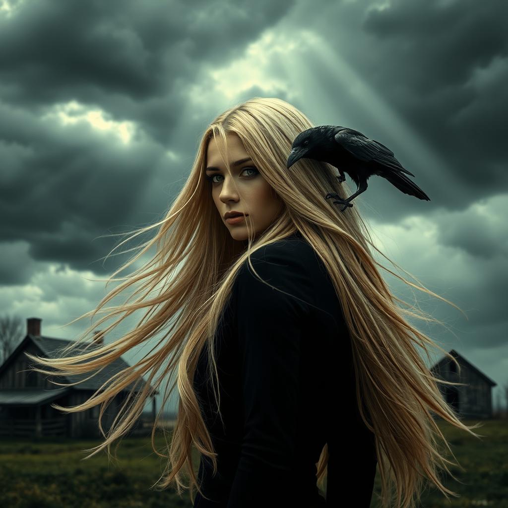 A compelling scene featuring a mysterious woman standing with her back to us, her long, ethereal golden-white hair flowing in the wind