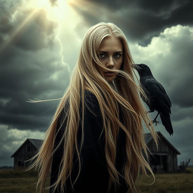 A compelling scene featuring a mysterious woman standing with her back to us, her long, ethereal golden-white hair flowing in the wind