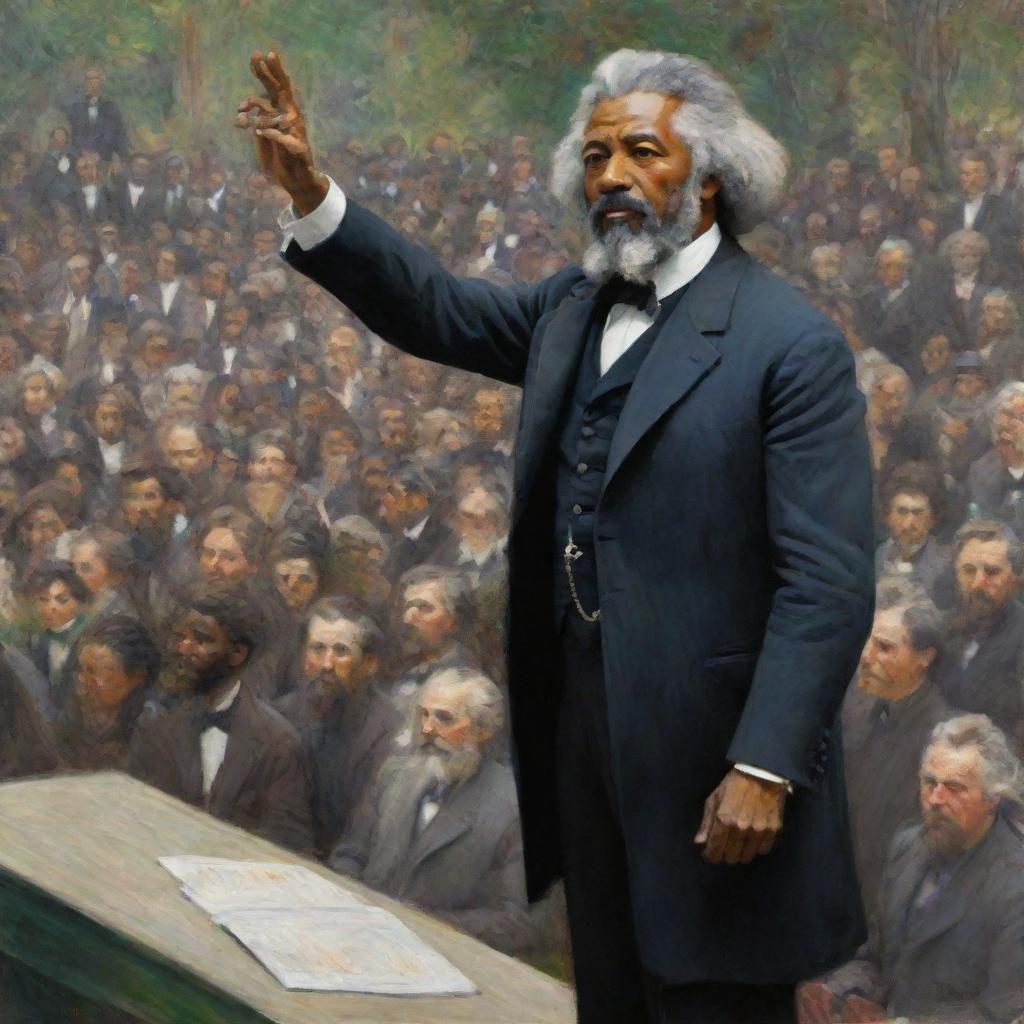 Depict Frederick Douglass delivering a stirring speech to a large crowd, rendered in the impressionistic style of Claude Monet. Douglass stands as the focal point, the vibrant strokes of the surrounding crowd symbolizing their engagement and anticipation.