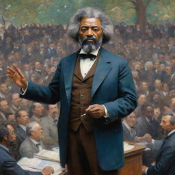 Depict Frederick Douglass delivering a stirring speech to a large crowd, rendered in the impressionistic style of Claude Monet. Douglass stands as the focal point, the vibrant strokes of the surrounding crowd symbolizing their engagement and anticipation.