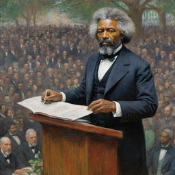 Depict Frederick Douglass delivering a stirring speech to a large crowd, rendered in the impressionistic style of Claude Monet. Douglass stands as the focal point, the vibrant strokes of the surrounding crowd symbolizing their engagement and anticipation.