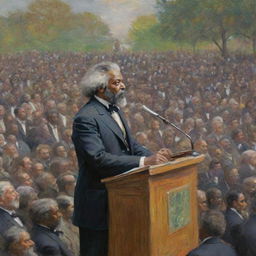 Depict Frederick Douglass delivering a stirring speech to a large crowd, rendered in the impressionistic style of Claude Monet. Douglass stands as the focal point, the vibrant strokes of the surrounding crowd symbolizing their engagement and anticipation.