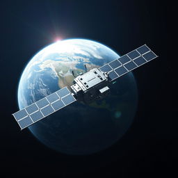 A realistic depiction of a high-tech spy satellite orbiting Earth