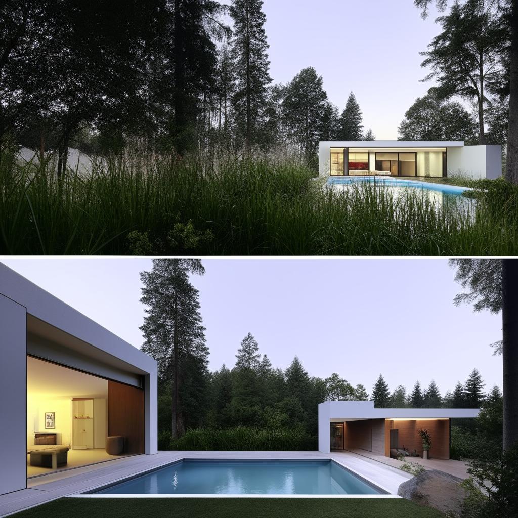 A minimalist two-storey house featuring a car garage, a small park and a swimming pool.