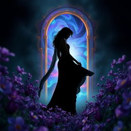 A dark, enchanting scene featuring a mystical woman in a flowing black gown standing among vibrant purple flowers, with a magical portal behind her
