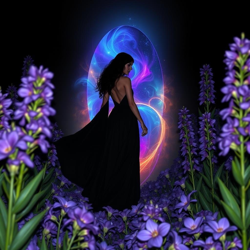 A dark, enchanting scene featuring a mystical woman in a flowing black gown standing among vibrant purple flowers, with a magical portal behind her