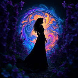 A dark, enchanting scene featuring a mystical woman in a flowing black gown standing among vibrant purple flowers, with a magical portal behind her