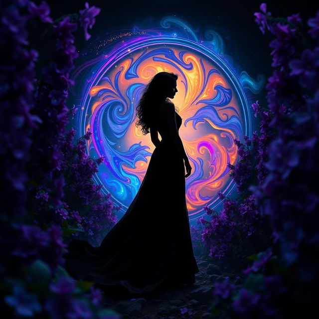 A dark, enchanting scene featuring a mystical woman in a flowing black gown standing among vibrant purple flowers, with a magical portal behind her