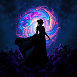 A dark, enchanting scene featuring a mystical woman in a flowing black gown standing among vibrant purple flowers, with a magical portal behind her