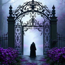A mystical scene where the haunted gate from the first image, adorned with intricate black wrought iron design, is integrated into the enchanting pathway from the second image