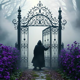 A mystical scene where the haunted gate from the first image, adorned with intricate black wrought iron design, is integrated into the enchanting pathway from the second image