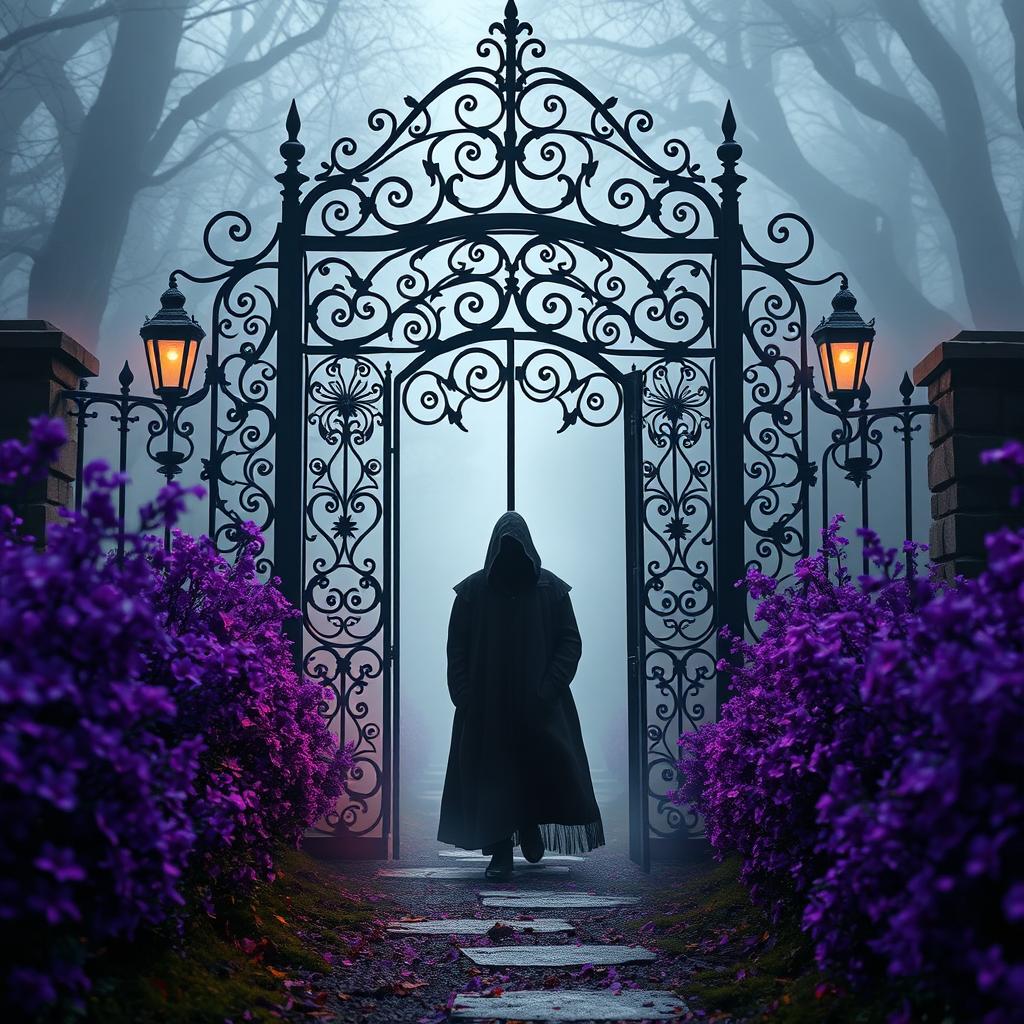 A mystical scene where the haunted gate from the first image, adorned with intricate black wrought iron design, is integrated into the enchanting pathway from the second image